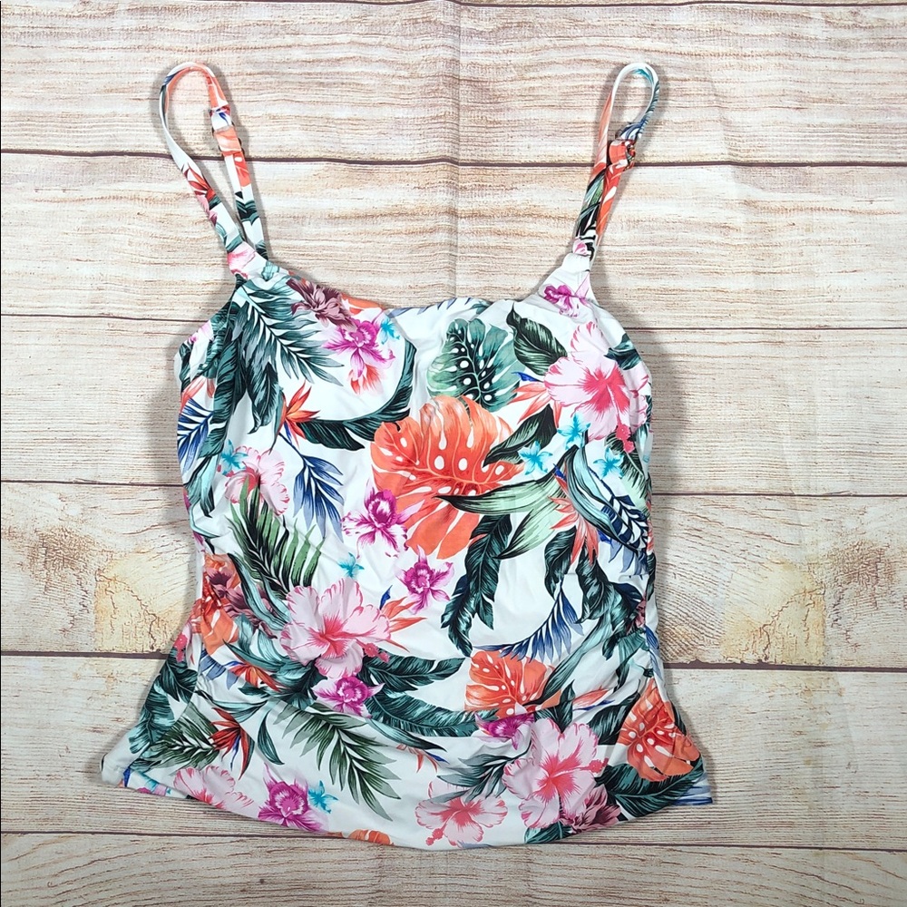 Tropical Floral Spaghetti Strap Tankini Top - White with Coral &β Green